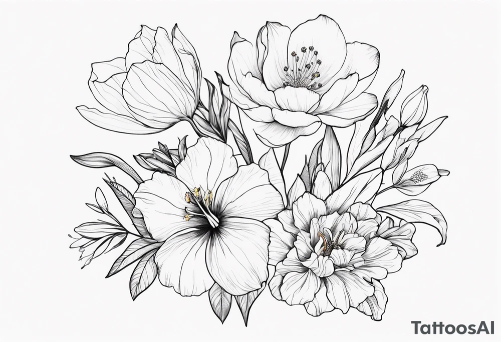 Verticle arm placement of dainty hibiscus, TULIPS, LILLIES, DRAGONflower, with wildflowers, poppy, complimentary flowers, bees, peony, forearm tattoo idea