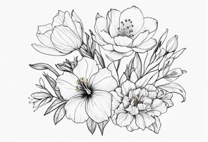 Verticle arm placement of dainty hibiscus, TULIPS, LILLIES, DRAGONflower, with wildflowers, poppy, complimentary flowers, bees, peony, forearm tattoo idea