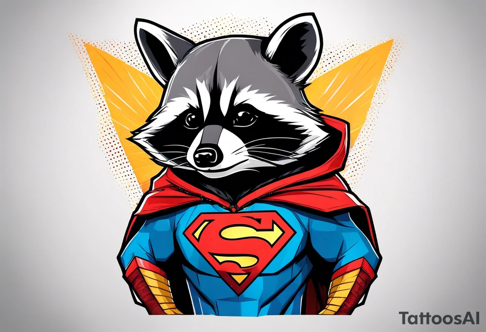 Raccoon wearing a Superman hoodie tattoo idea