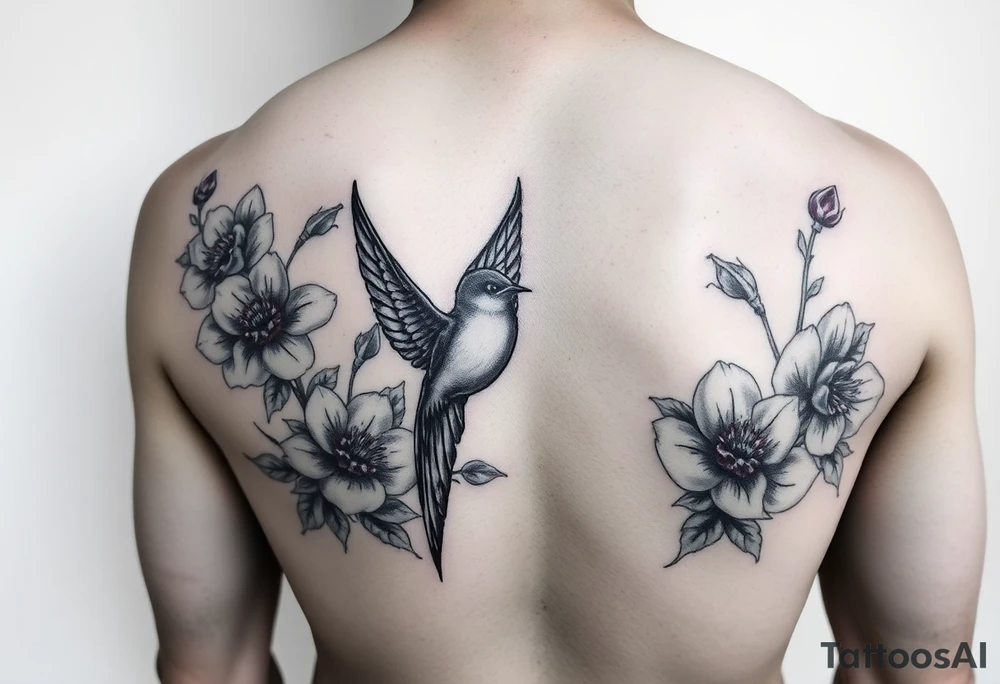 Swallow bird, flowers with ruby color tattoo idea