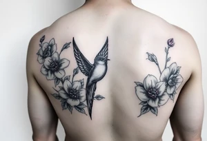 Swallow bird, flowers with ruby color tattoo idea
