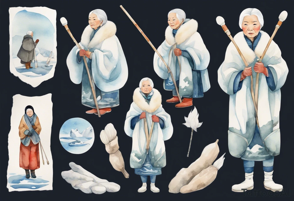 an elderly Inuit woman with white hair, wearing mittens, wearing a white cloak, holding a white staff, wearing mukluks, standing on an iceberg tattoo idea