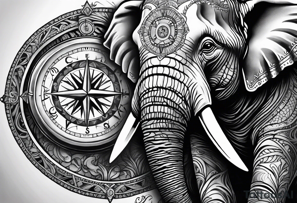 Compass held in an elephant's trunk tattoo idea