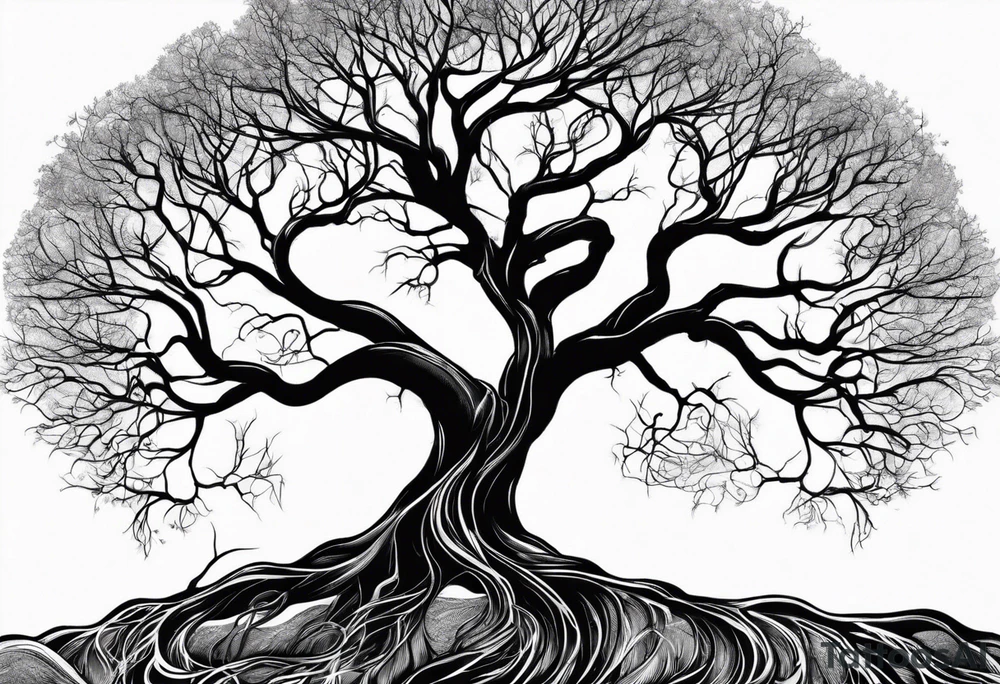 twisted leafless tree with long roots and branches stencil for chest and collar bone tattoo idea