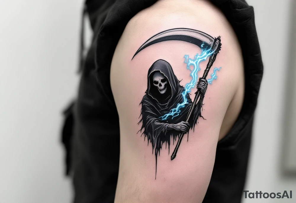 A Reaper drawn in black linework with a ghostly pale-blue scythe trailing mist. tattoo idea