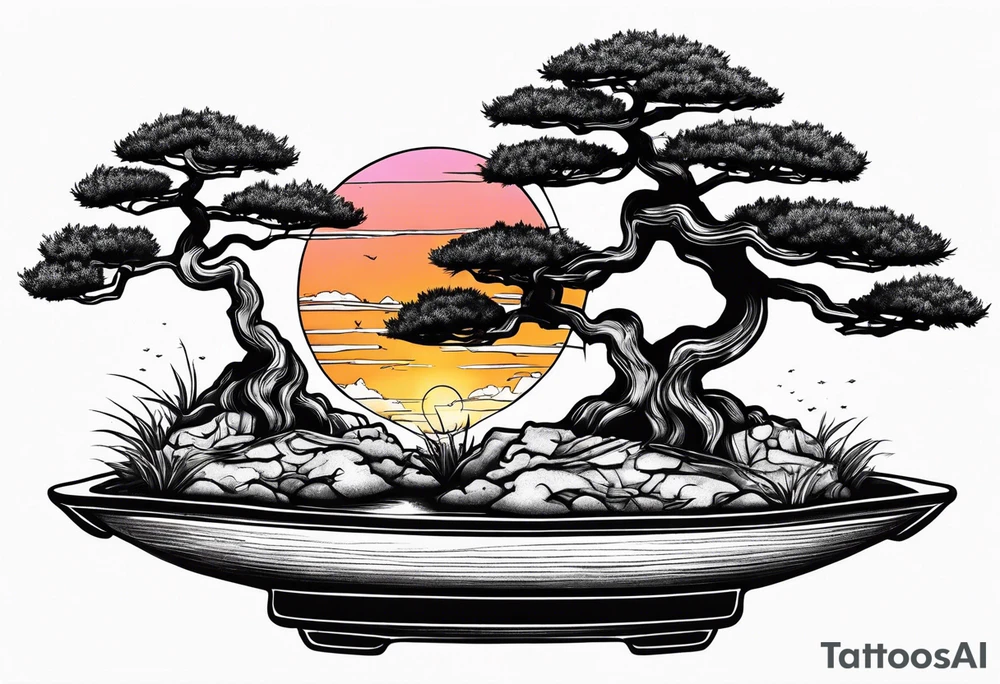 Sunset and little down bonsai trees tattoo idea