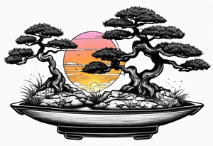 Sunset and little down bonsai trees tattoo idea