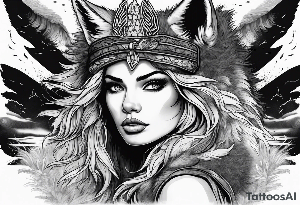 Raging storm with forest, beautiful woman wearing a wolf headdress tattoo idea