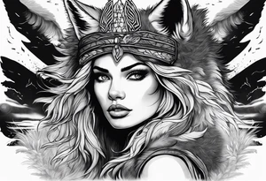 Raging storm with forest, beautiful woman wearing a wolf headdress tattoo idea