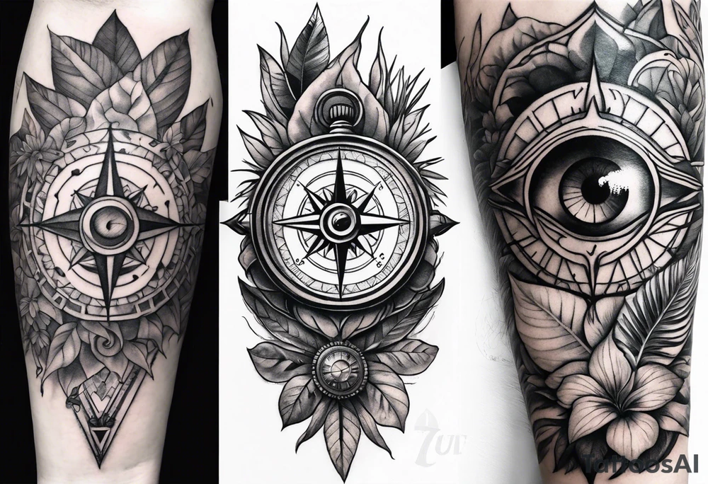 full sleeve tattoo with jungle plants, compass, all-seeing eye tattoo idea