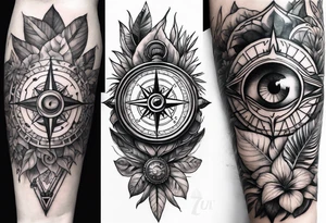 full sleeve tattoo with jungle plants, compass, all-seeing eye tattoo idea