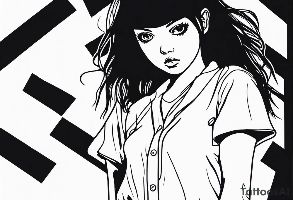 portrait of tomie standing up a character by the horror manga author junji ito full body standing murderously. add more horror and gore elements tattoo idea