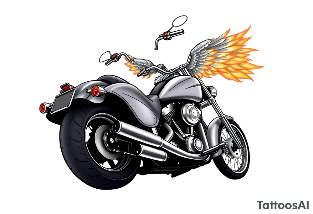 Low rider grey motorcycle, big muffler pipes with flames, angel wings, driving away, no person tattoo idea