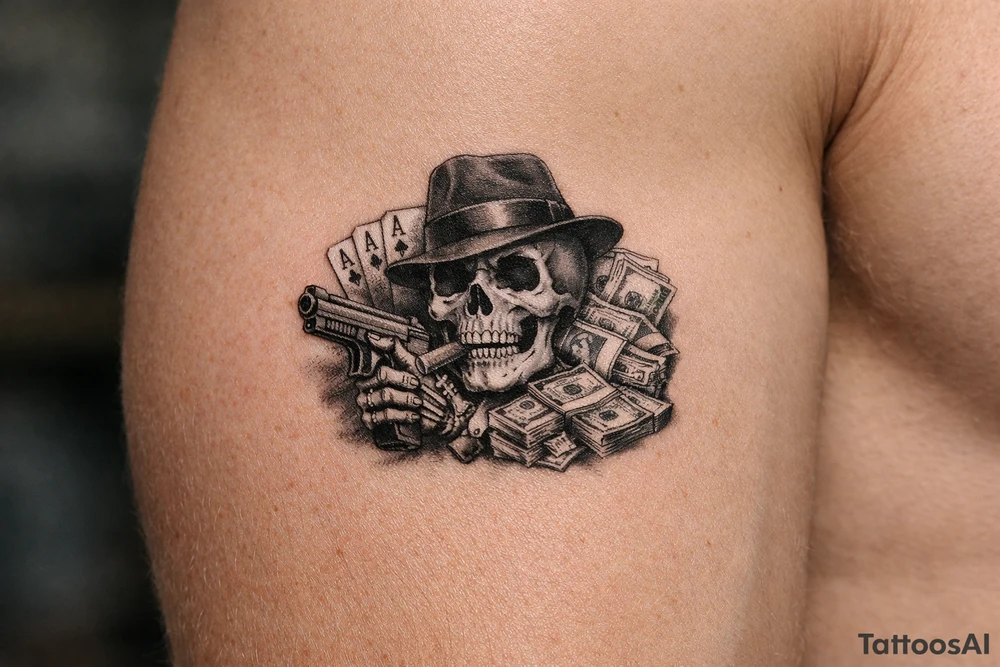 skull with gangster-hat,cigar in his mouth,gun in a skeleton-hand,playing cards,a lot of money. tattoo idea
