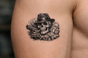 skull with gangster-hat,cigar in his mouth,gun in a skeleton-hand,playing cards,a lot of money. tattoo idea
