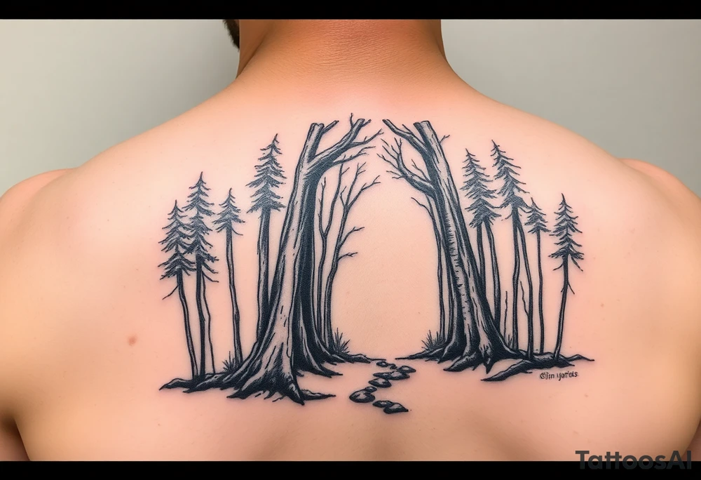 A forest with a doorway that is slightly ajar, leading to space tattoo idea