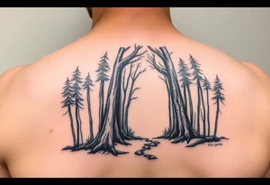 A forest with a doorway that is slightly ajar, leading to space tattoo idea