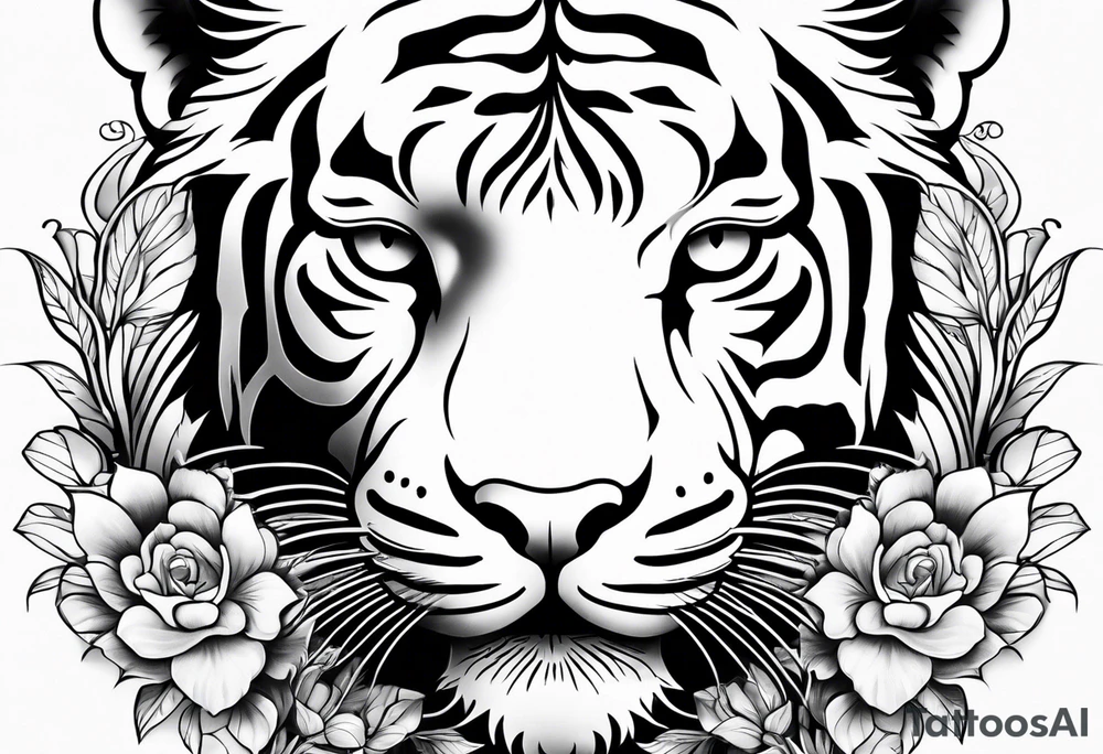 black and white feminine tiger tattoo with floral design and filigree, feminine tattoo idea