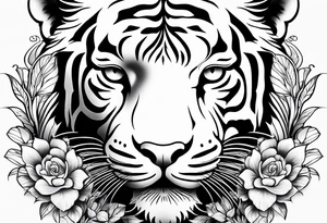black and white feminine tiger tattoo with floral design and filigree, feminine tattoo idea