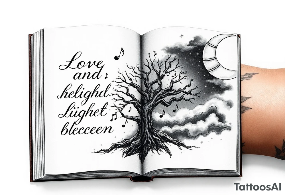 I want an open book and scripted on the left side of the pages and love and light blessed be on the right side of the pages the name tichica with the tree of life growing through the pages music notes dancing around it a crescent moon on the right side with a starry night background and dark clouds tattoo idea