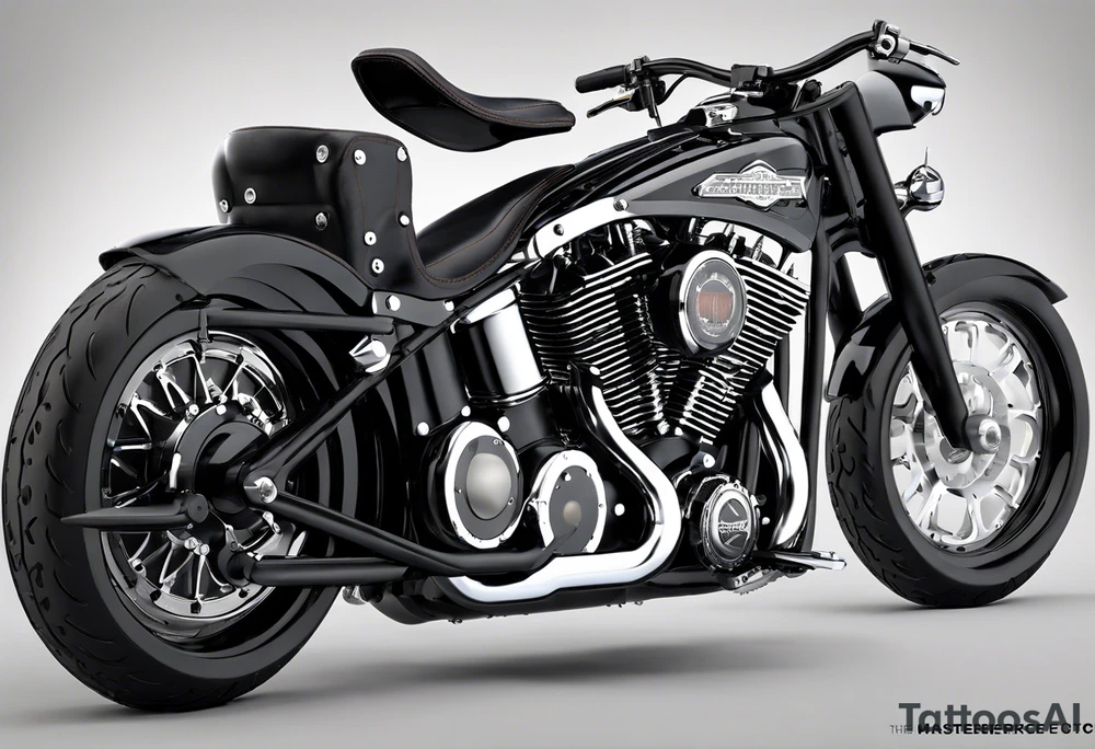 Create a tattoo for a man's chest featuring two cylinder heads (motorcycle engine like a Harley Davidson). The cylinder heads should be partially in cross-section to reveal the pistons, piston rods, valves, and cams. Additionally, part of the engine with the crankshaft should also be in cross-section. You might add a spark or flames to one cylinder (simulating the explosion phase) and perhaps the exhaust phase to the other. Try to prepare the background for potential extension of the tattoo. just engine alone and look from the side tattoo idea