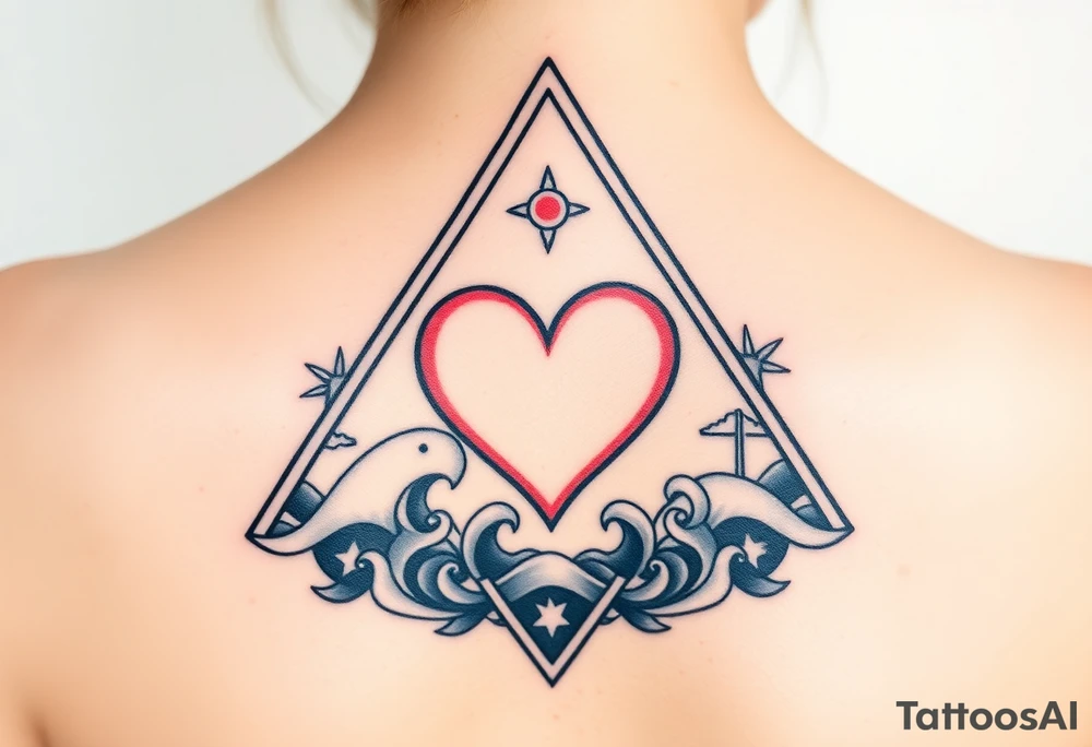 A triangle with a big heart in the center with an ocean travel theme tattoo idea