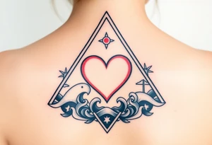 A triangle with a big heart in the center with an ocean travel theme tattoo idea