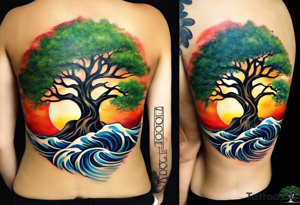 an abstract Tree of Life tattoo. It should have roots growing out of the bottom. The roots slowly turn into water from the Great Wave by Hokusai. A golf flag should be placed discreetly growing out of the ground. 2 license plate tags should be hanging from the tree. Place a few music notes in the areas the leaves should be. The letters A U should be engraved into the tree trunk in a heart. tattoo idea