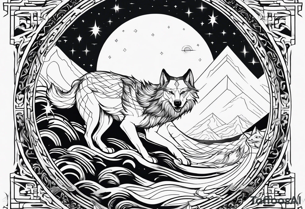 yang yang wolf chasing the moon and sun with Jörmungandr wrapped around it tattoo tattoo idea