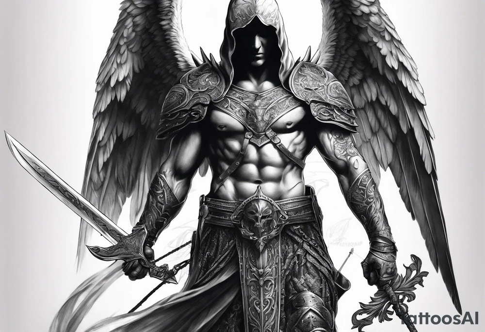 realistic full body of man angel of death, without face, with armour, holding sword in right hand tattoo idea