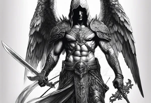 realistic full body of man angel of death, without face, with armour, holding sword in right hand tattoo idea