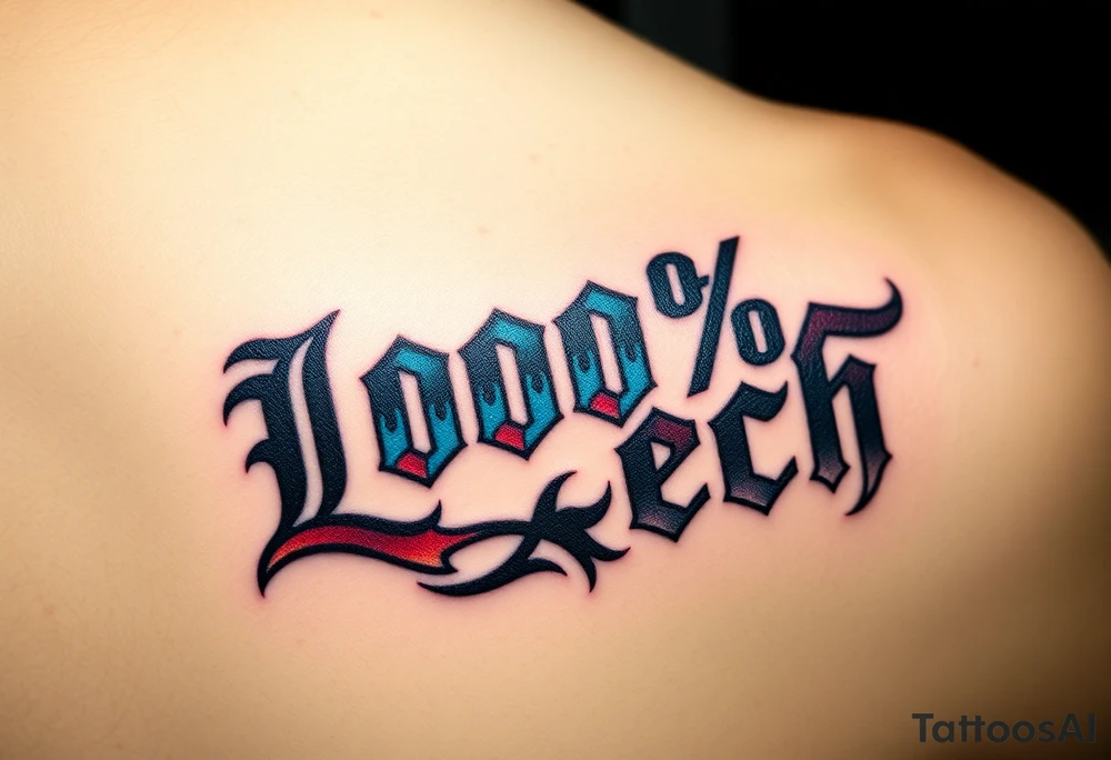 "100% Čech" in bold Gothic script, infused with dynamic blue and red flame details tattoo idea