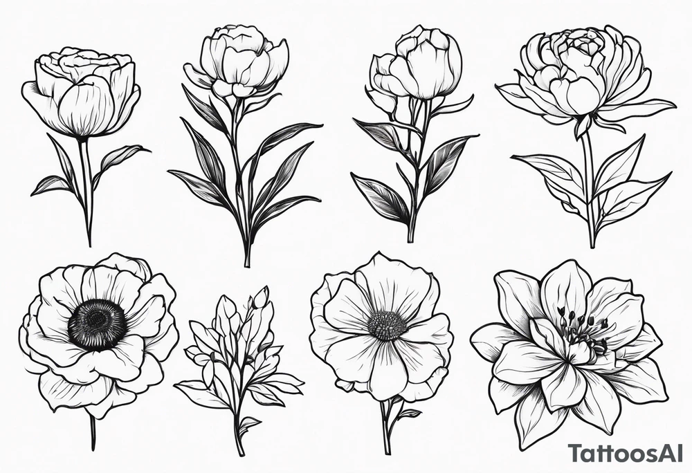 birth flower hand held bouquet with February March August August and October birth flowers tattoo idea