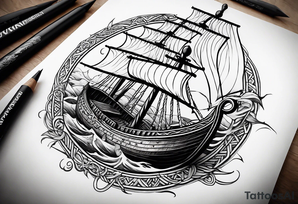 Full sleeve, Viking war ship, Viking battle scene, Viking head tattoo idea