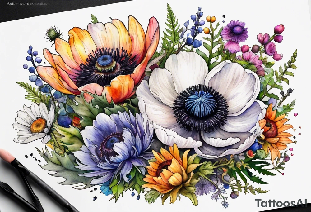 one white anemone with black center in the middle of mixed colorful wildflowers all with different shapes including thistles, ferns, ranuculus, and sun flowers all in watercolor tattoo idea