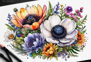 one white anemone with black center in the middle of mixed colorful wildflowers all with different shapes including thistles, ferns, ranuculus, and sun flowers all in watercolor tattoo idea