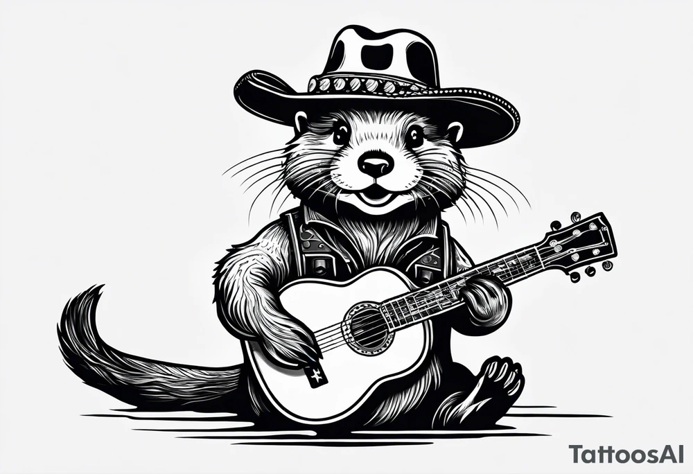 An otter floating on its back playing a banjo and wearing a cowboy hat tattoo idea