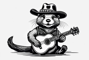 An otter floating on its back playing a banjo and wearing a cowboy hat tattoo idea