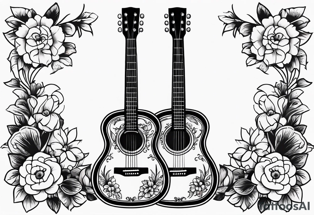 traditional vintage tattoo of guitar simple  flowers tattoo idea
