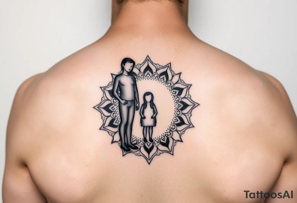 Single mirror showing unified reflection - adult figure standing strong with faint child silhouette visible inside chest/heart area like nested Russian dolls, showing integration not separation, geometric mandala frame, dotwork style, represents carrying inner child not losing them, black and grey tattoo idea