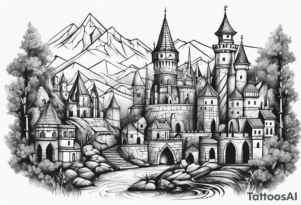 medieval tribal city land vignette tattoo idea