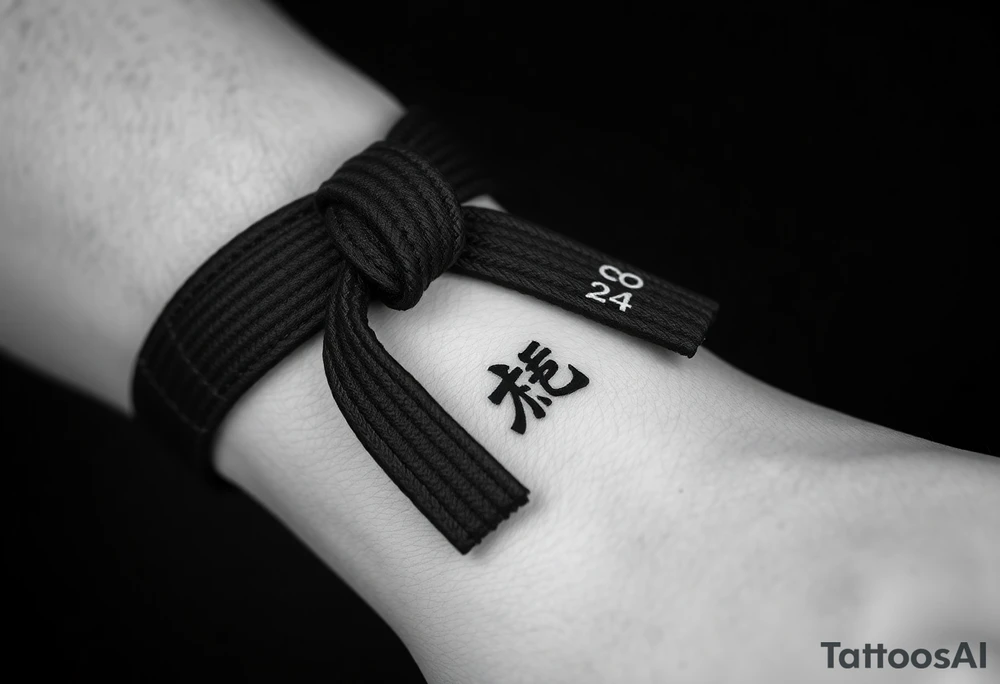 A realistic black and gray tattoo of a Brazilian Jiu-Jitsu black belt wrapping around the wrist like a bracelet. The belt is tied in a knot with one end showing the number 30 and the other showing 24. On the flat end of the belt, two Japanese kanji characters are inked in white: 成長 (growth) and 忍耐 (perseverance). The belt has subtle stitch marks and worn, textured shading for a slightly distressed, authentic look. tattoo idea