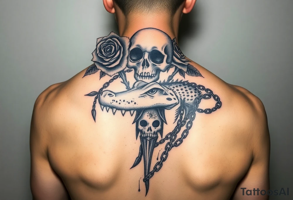 gothic fairy tale vibe we talked about: dark, thorny roses, skulls peeking through shadows, a bit of wild creature energy. Not perfect matches, but imagine tweaking 'em—rose from the eye, gator coiled like a guardian. This one's got that moody frame, vines creeping in—easy to swap in your Tudor rose and skull. Full-back chaos with skulls and chains... add the alligator jaws clamping down, and boom. tattoo idea