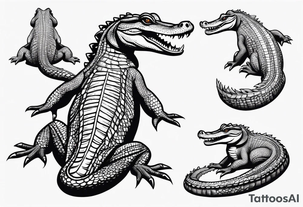 Full body caiman with stretched tail top view tattoo idea