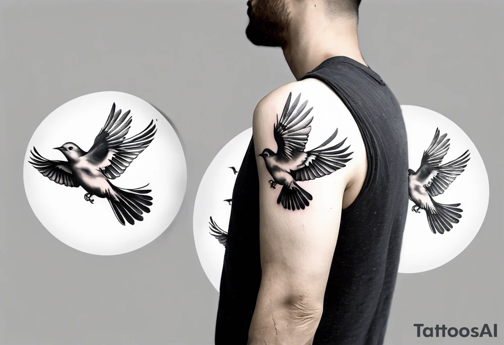 shoulder tattoo with light rays with birds flying free among the clouds, round shape tattoo idea