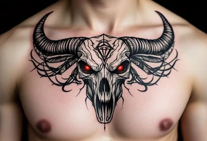 Abstract looking angry taurus skull chest tattoo with red eyes, taurus symbol in between eyes tattoo idea