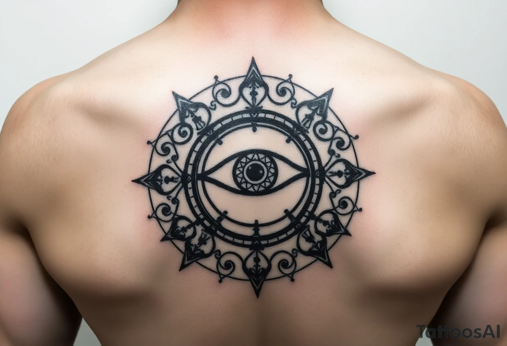 A abundance and protection symbol with an evil eye protection symbol (not an eye) in full color in the center of it.  I’d like it windy very small “so mote it be” with a magic wand tattoo idea