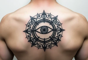 A abundance and protection symbol with an evil eye protection symbol (not an eye) in full color in the center of it.  I’d like it windy very small “so mote it be” with a magic wand tattoo idea