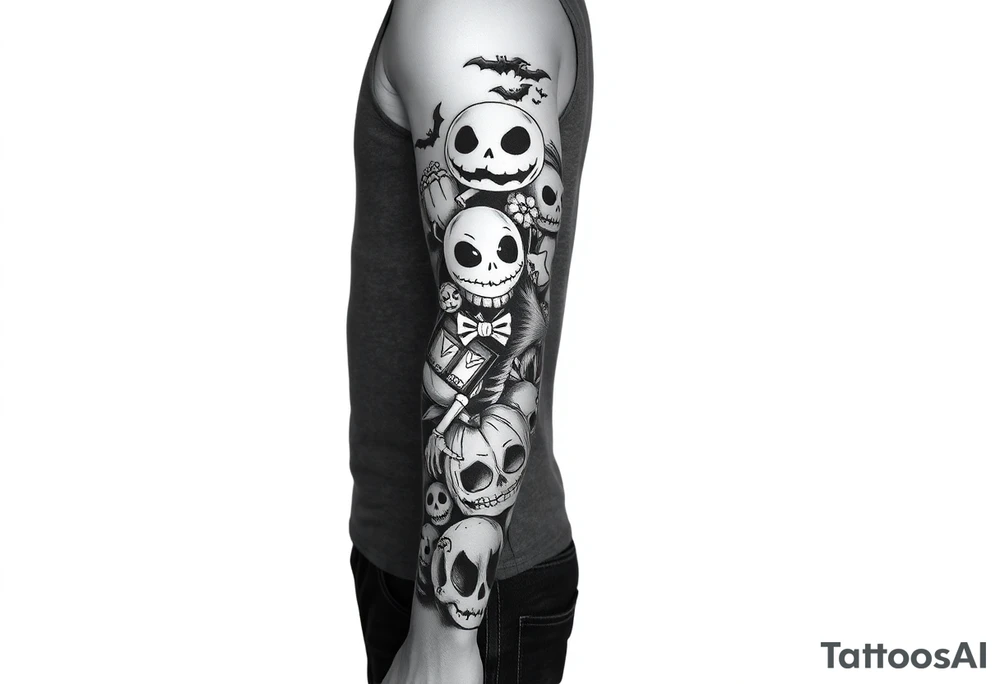 Full sleeve on leg of Halloween inspired art work tattoo idea
