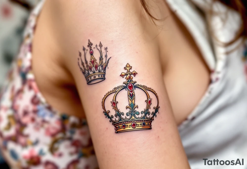 Baroque-style crowns designs with gold and ruby detailing. tattoo idea